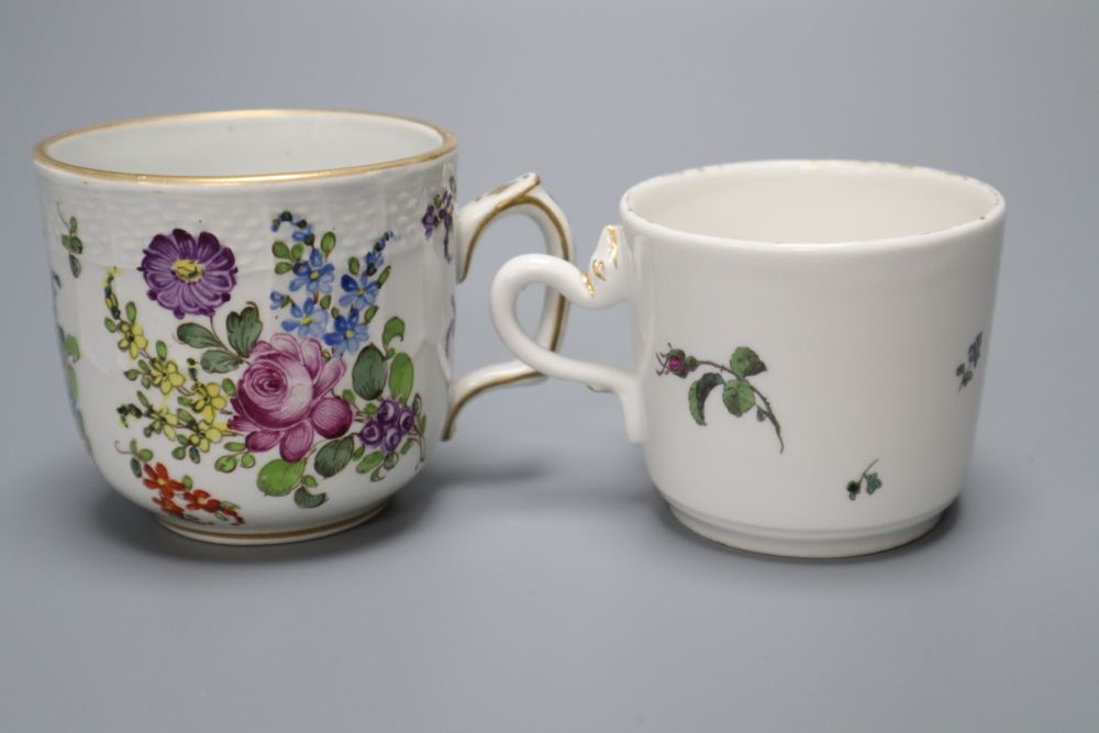 A Hochst botanical coffee cup late 18th century, and a Hochst style cup and saucer, painted with flowers, largest 6cm